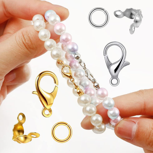 900 Pcs Jewelry Making Accessories Set 50 Lobster Clasps 150 Half Round Open Crimp Beads 400 Open Jump Ring Connectors 150 Bead Tips Knot Covers a...