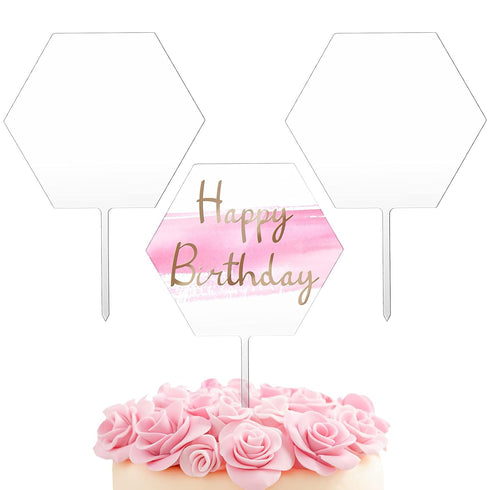 Yalikop 2 Pieces Acrylic Cake Topper Blank Clear DIY Birthday Personalized DIY Cake Topper for Custom Wedding Birthday Festival Party(Hexagon Styl...