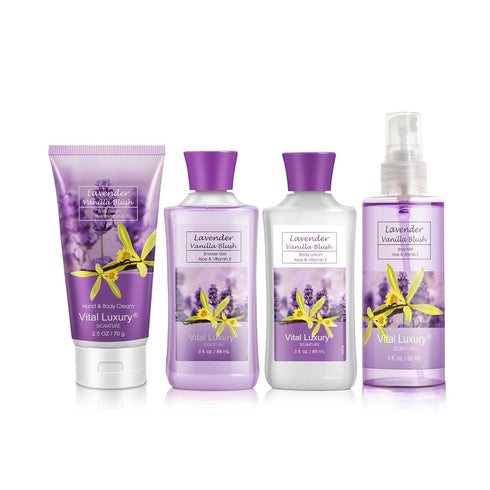 Bath & Body Travel Kit - Lavender Vanilla Blush Fragrance Mist, Body Lotion, Shower Gel, and Body Cream - Ideal 3 Fl Oz Skincare Gift Set for Home...