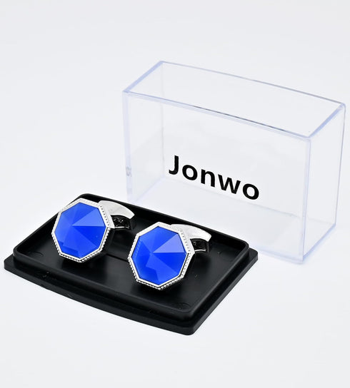 Octagon Blue Gemstone Men's Cufflinks In Gift Case Silver Tone Crystal Cufflinks for Men for Wedding Party Business Birthday Anniversary Dress...