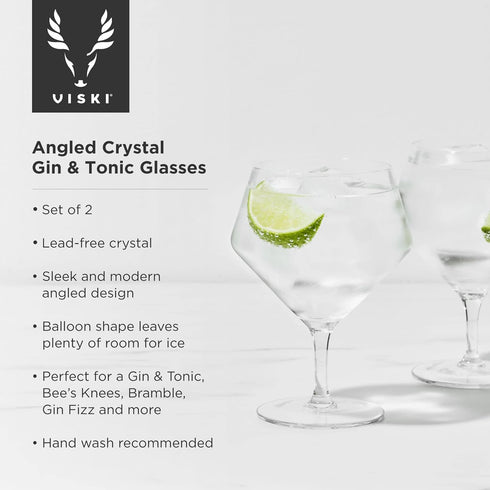 Viski Raye Angled Stemmed Gin and Tonic Glasses Set of 2 - Premium Crystal Clear Cocktail Gin Glasses for Gin Lovers Gift Set - 14oz...