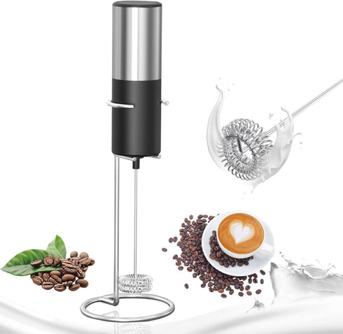 Milk frother, battery powered milk frother, stainless steel milk frother, milk frother with stand, double head mini blender, stainless steel stand...