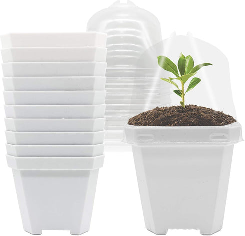 10 Pcs White Plant Nursery Pots with Clear Humidity Dome- 4 inch Plastic Gardening Pot Plant Container- Seed Starting Pot with Drain Holes for See...