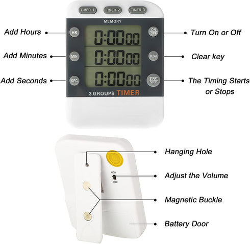Photect 2 Pieces Digital Dual Kitchen Timer 3 Channels Count UP/Down Timer Cooking Timer with Magnetic Back Loud Alarm Large Display Countdown Tim...