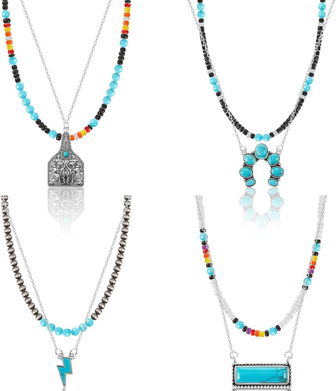 8 Pcs Western Necklaces Western Jewelry for Women Turquoise 4 Turquoise Boho Necklaces and 4 Cowgirl Beaded Choker (Classic Style)...