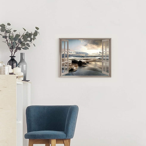 Fake Window Coastal Wall Art: Rocky Beach Artwork Lake Under Sunset Canvas Painting Nature Landscape Prints Ocean Clouds Modern Photo Small Quiet ...