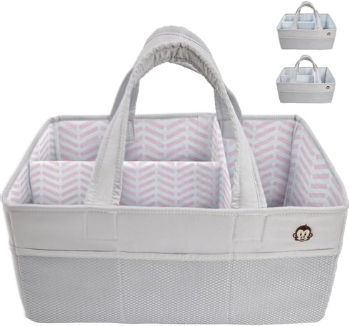 MIGHTY MONKEY Oversized Stain Resistant Baby Diaper Caddy Organizer with Handle, Adjustable Mesh Storage Bin Compartments for Diapers, Baby Wipes,...