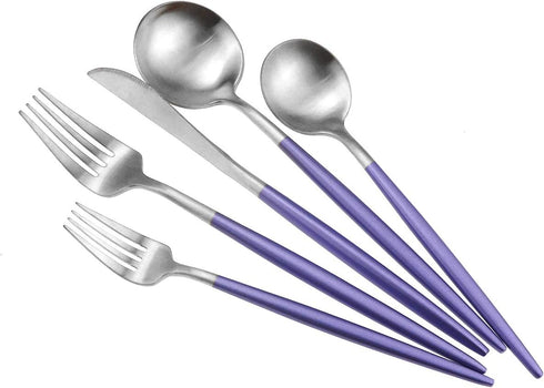 Gugrida Luxury Flatware, Royal 5 Piece Matte Purple Handle 18/10 Stainless Steel Tableware Sets for 1 Including Forks Spoons Knives, Camping Silve...