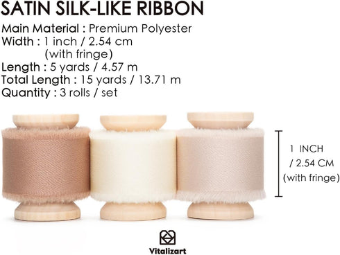 Vitalizart Silk Satin Ribbon 1 Inch x 15 Yard Wooden Spool Champagne & Nude Handmade Frayed Ribbon for Gift Wrapping Baby Shower Wedding Bridal Bo...