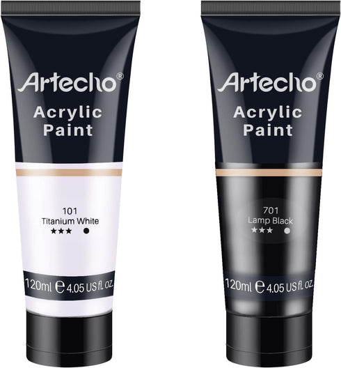 Artecho Professional Acrylic Paint, White and Black (120ml / 4.05oz) Tubes, Art Craft Paints for Canvas, Rock, Stone, Wood, Fabric, Art Supplies...