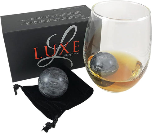 Luxe Whiskey Stones - Set of 2 Marble Chilling Spheres in Gift Box with Velvet Storage Bag...