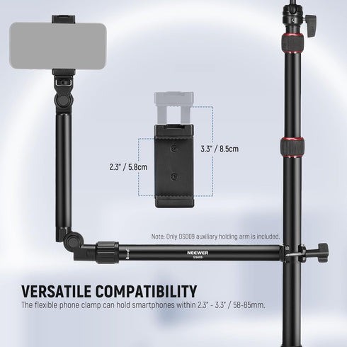 NEEWER Overhead Camera Mount Arm with Phone Clip, 22"/56cm 180°&360° 2 Section Flexible Holding Arm for Desk Stand, Fits 0.87"-1.1" Tube, 5.5lb/2....