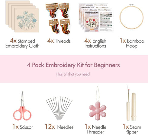 Embroidery Kit for Adults, 4 Sets Cross Stitch Kits for Beginners with Stamped Flower Pattern, Starter Kits for Hand Craft Lover with Bamboo Hoop,...