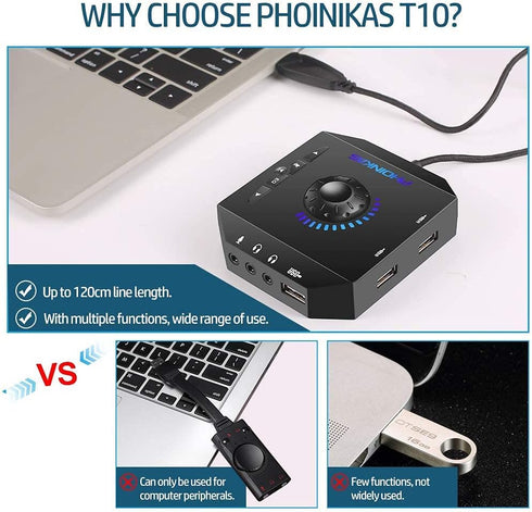 T10 External Sound Card, PHOINIKAS USB Audio Adapter for PC Windows, Mac, Linux, Laptops, Desktops, Stereo Sound Card with 3.5mm Interface & USB I...