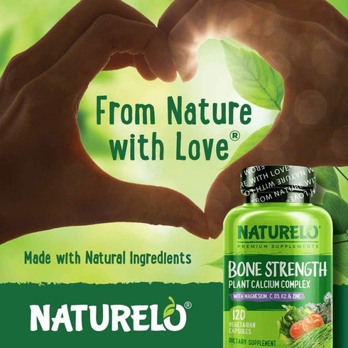 NATURELO Calcium Supplement - Bone Strength with Calcium 600mg, Vitamin D3, K2, C, Magnesium Zinc - Plant-Based, 120 Vegetarian Capsules, Non-GMO,...