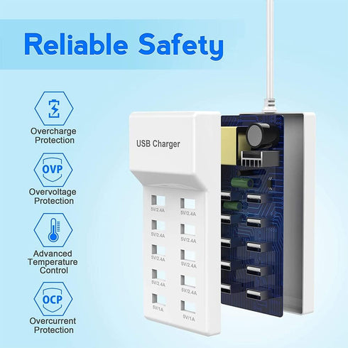 10-Port USB Wall Charger Station with Rapid Charging Auto Detect Technology Safety Guaranteed Family-Sized USB Ports for Multiple Devices Smart Ph...