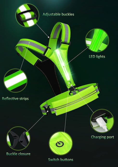 LED Reflective Vest Running Gear, USB Rechargeable Light Up Running Vest Chest Phone Holder for Runners Night Walking,6-11hrs Light Adjustable Wai...