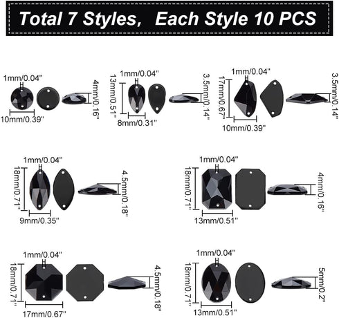 PH PandaHall Black Sew On Rhinestones, 70pcs 7 Styles Acrylic Faceted Flatback Crystal Buttons Gems for Clothing Wedding Dress Decoration...