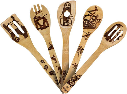 Nightmare Wooden Spoons Great Utensil Set Fun Idea Serving Utensils Burned Bamboo Spoons Kitchen House Warming Present Slotted Spoon 5 Piece...