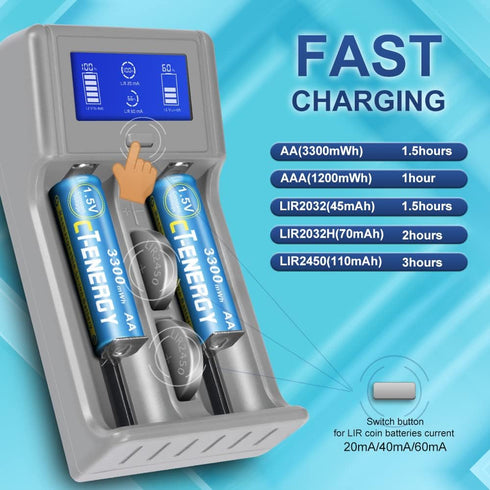 Rechargeable Batteries Charger AA AAA C with Smart LCD Display,Universal Battery Charger Lithium/Ni-Mh/Ni-Cd Rechargeable Coin Battery Charger Lir...