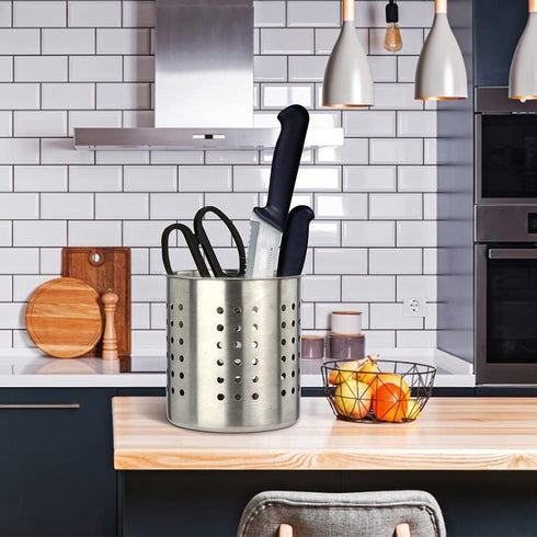 Stainless Steel Utensil Holder Kitchen Holder Restaurant Cooking Utensil Holder for Forks Spatula, 5.3'' x 5.1" Round Utensil Organizer...