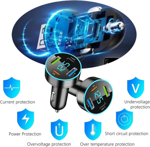 4-in-1 Fast Car Charger,PD/QC3.0/Type C Car Charger Fast Charging,Universal Car Phone Charger Cigarette Lighter USB Charger with Blue LED & Voltme...