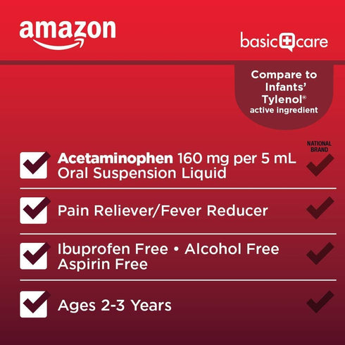 Amazon Basic Care Infants' Pain & Fever, Acetaminophen 160 mg per 5 mL, Suspension Liquid, Dye-Free Cherry Flavor, 2 fl oz (Pack of 1)...