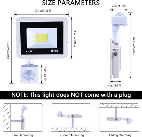 20W Plug in LED Motion Sensor Flood Light, PIR Induction Lamp, Dusk to Dawn Outdoor Auto ON/Off, 6500K Security Spot Daylight, IP66 Rainproof Work...