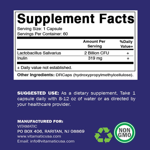 Vitamatic Lactobacillus Salivarius 2 Billion per DR Capsule - 60 Count - Digestive Support - Made with Prebiotic Inulin Fiber (2 Bottles)...