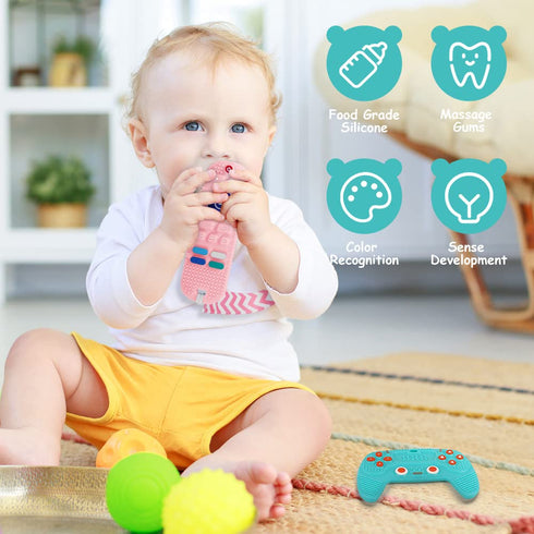 2PCS Silicone Baby Teething Toys, Remote Control Shape Teething Toys and Game Controller Teether Toy with 2PCS Pacifier Clip, BPA Free Silicone Re...