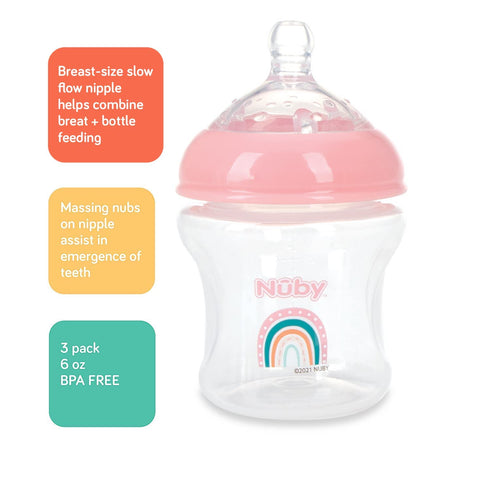 Nuby 3-Pack Infant Feeding Bottles with Slow Flow Breast Size Silicone Nipple: 0+ Months, 6oz, 3 Pack Set: Delicate Star, Rainbow, Butterfly Print...