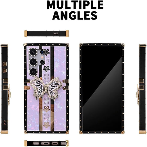 Compatible with Samsung Galaxy S22 Ultra Phone Case Butterfly Design,Cute Bling Rhinestones Sparkle Kickstand Case for Women Girls,Rectangle Desig...