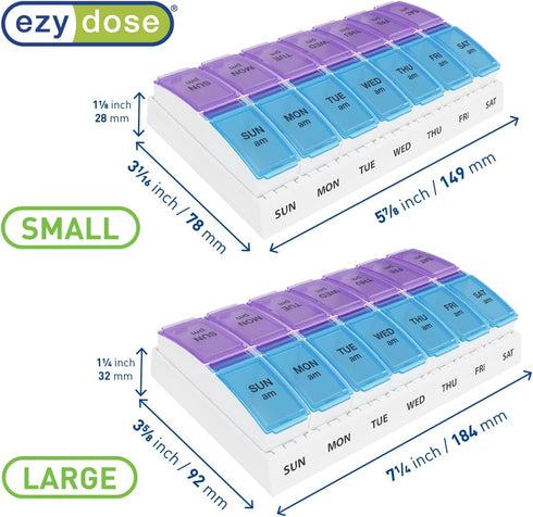 Ezy Dose Weekly (7-Day) AM/PM Pill Organizer, Vitamin and Medicine Box, Small Pop-out Compartments, 2 Times a Day, Blue and Purple Lids...