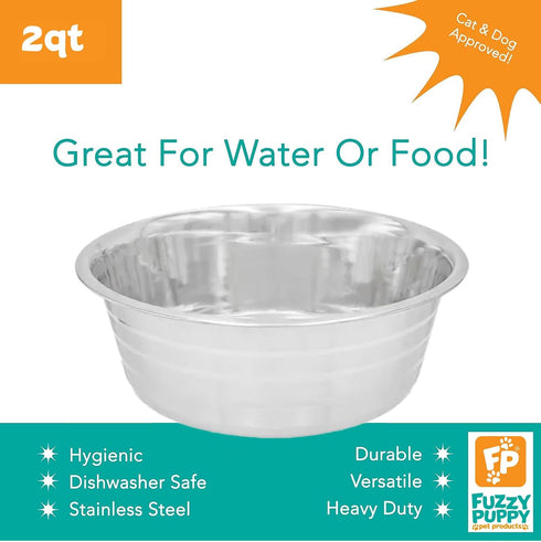 Lightweight Stainless Steel Feeding Dish for Dog, Cat, Pet Food and Water Dish | Silver, 2-Quart...