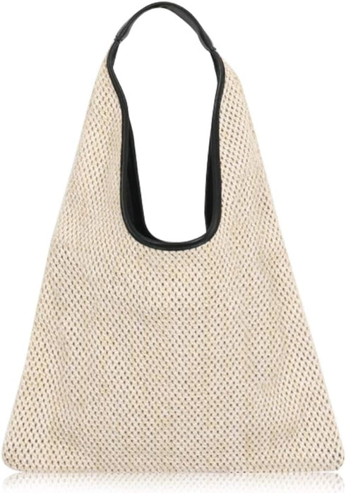 Hand-woven Straw Shoulder Bag Boho Black Leather Top Handle Tote Retro Summer Beach Bag Holiday Travel Handbag...