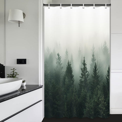 Green Misty Forest Shower Curtain Nature Shower Curtain Set Pine Tree Jungle Mountain Plant Rustic Scenery Landscape Shower Curtains for Bathroom ...