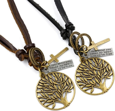 Tree of Life Pendant Necklace Leather Cross Circle Pendant Leather Cord for Women Men Adjustable Tree of Life Leather Cord Pendant Jewelry...
