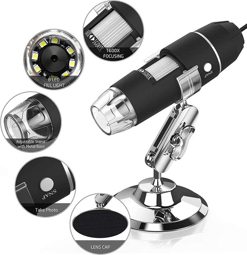 USB Digital Microscope 1600x 8 LED Magnification Endoscope Camera with Metal Stand Compatible with Windows, Android and Mac...
