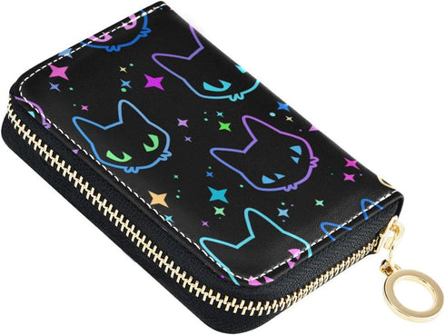 RFID Credit Card Holder Colorful Neon Cat Heads Leather With Zipper Card Case Wallet for Women Girls...