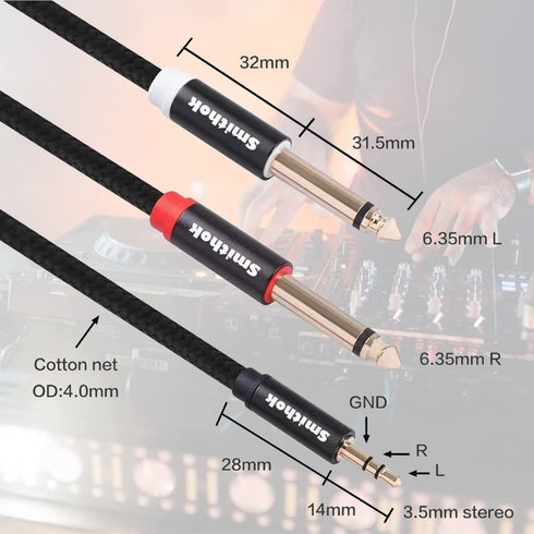 2pack 3.3Ft 3.5mm TRS to Dual 6.35mm Stereo Cable 1/8 TRS to Dual 6.35mm 1/4 TS Mono Y Splitter Audio Cord Adapter for Smartphone, Mixer,PC, CD Pl...