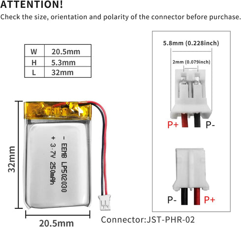 EEMB Lithium Polymer Battery 3.7V 250mAh 502030 Lipo Rechargeable Battery Pack with Wire JST 2.0mm Connector for VXI Blue Parrott- Confirm Device ...