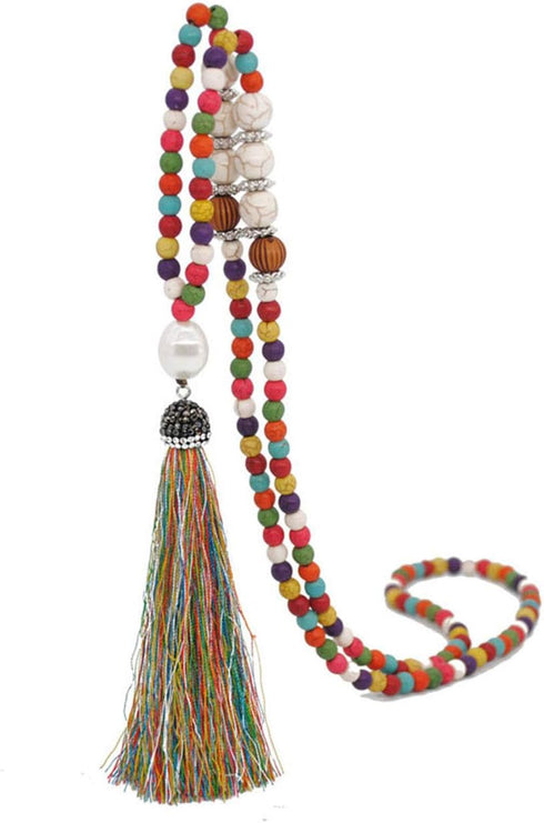 Boho Beads Necklaces Chakra Statement Long Chain Tassel Necklace Jewerly Handmade Fashion Jewelry (Beads Necklaces, Multi-color mixing)...
