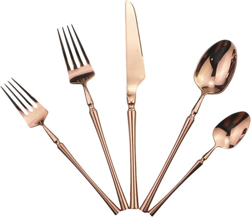 Copper Silverware Set, 5-Piece 18/10 Stainless Steel Flatware Cutlery Set for 1,Mirror Finish, Ideal for Wedding Festival Party Home Kitchen, Dish...