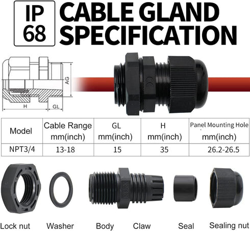 Cable Glands 3/4 Inch Nylon Waterproof Cable Connector With Lock Nut And Gaskets IP68 Waterproof Cable Range 13-18mm Cord Gland Connectors Electri...