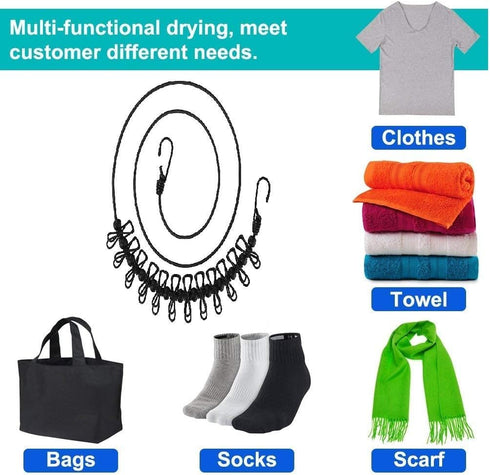 2 Pack Portable Clothesline with 12 Clothespins, Windproof Travel Stretchy Retractable Elastic Laundry Clothes Line for Backyard, Vacation Hotel, ...