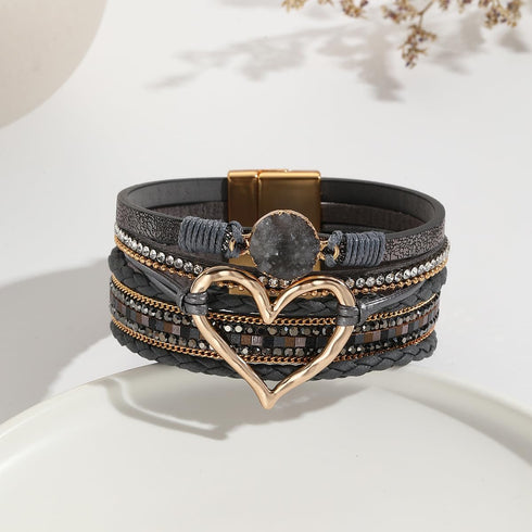 Fuqimanman2020 Heart Leather Wrap Bracelets Boho Stackable Cuff Bangles Resin Stone Rhinestone Bracelets with Clasp Christmas Jewelry Gift for Wom...