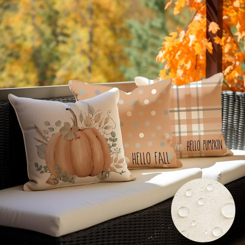 RABUSOFA Outdoor Fall Decor Pillow Covers 18x18 Inch,Waterproof Polka Dots Pumpkin Pillow Cases Set of 4,Thanksgiving Decorative Striped Buffalo P...