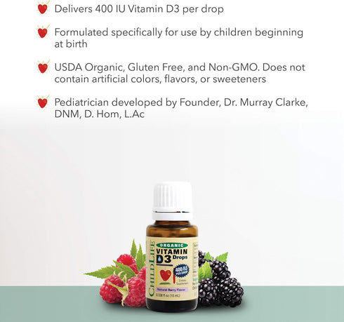 CHILDLIFE Essentials Organic Vitamin D3 Liquid Drops, Natural Berry Flavor - Gluten Free, Alcohol Free, Casein Free, Non-GMO - 0.21 Fl Oz...