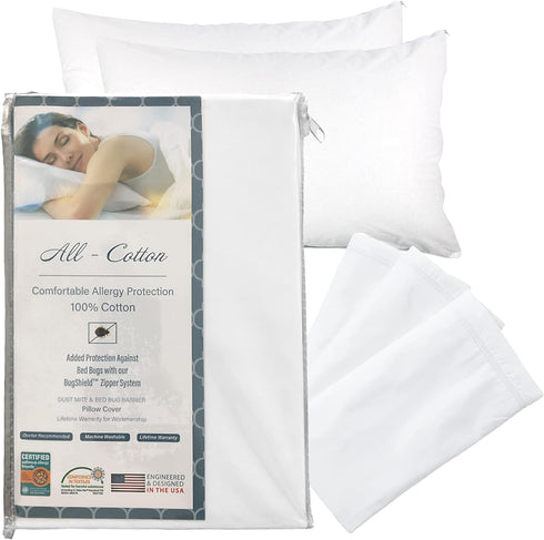 National Allergy Premium 100% Cotton Zippered Pillow Protector - Standard Size - White - 3 Pack - 300 Thread Count - Hypoallergenic Bed Pillowcase...