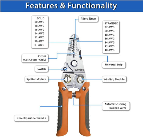 Wire Stripper, Multifunctional Wire Strippers Electrical with Cuts 8 10 12 14 16 18 20 22 AWG Cutter Pliers Splitter Winding Wires Cable Crimper C...